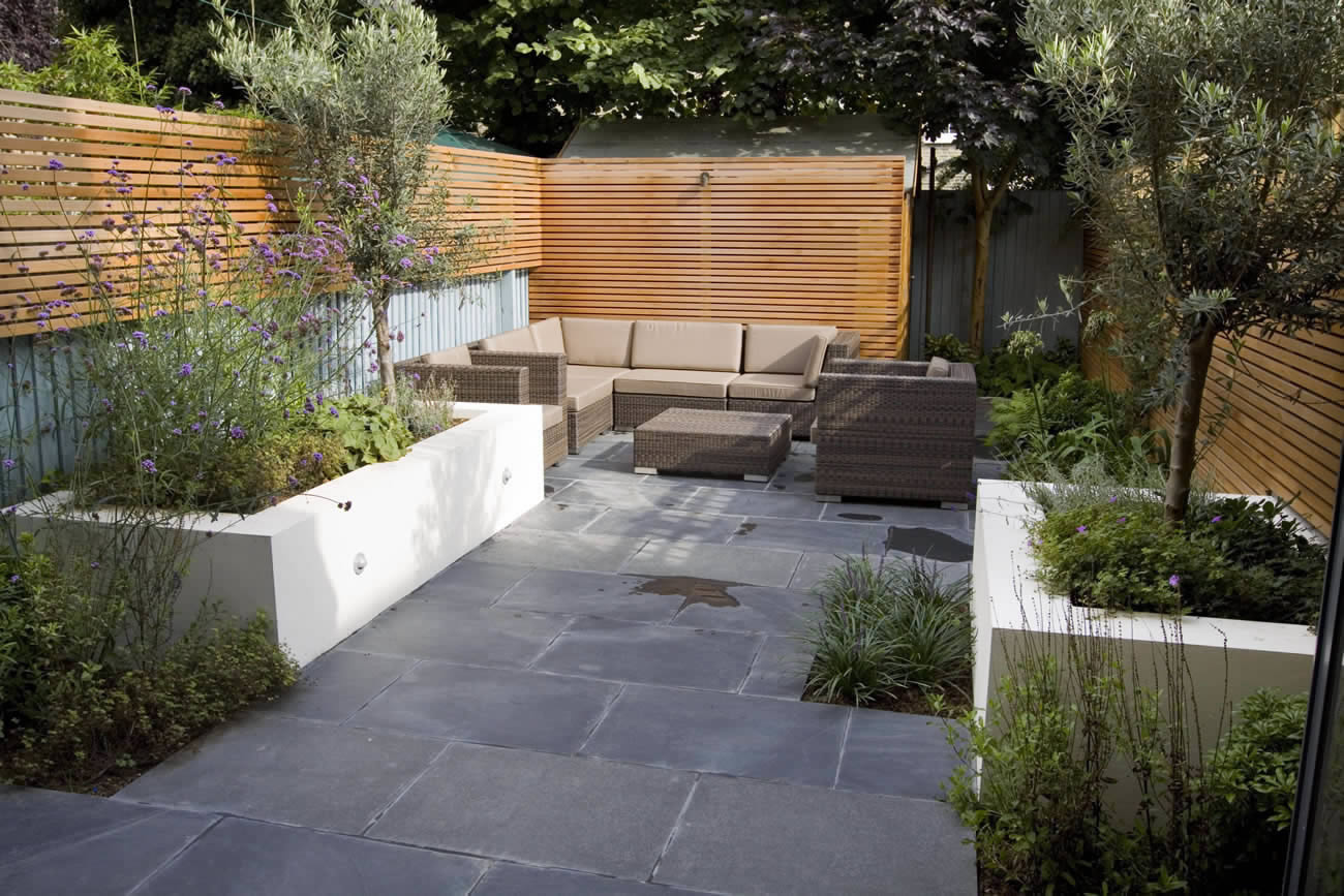 small contemporary designed garden in putney with rendered raised beds